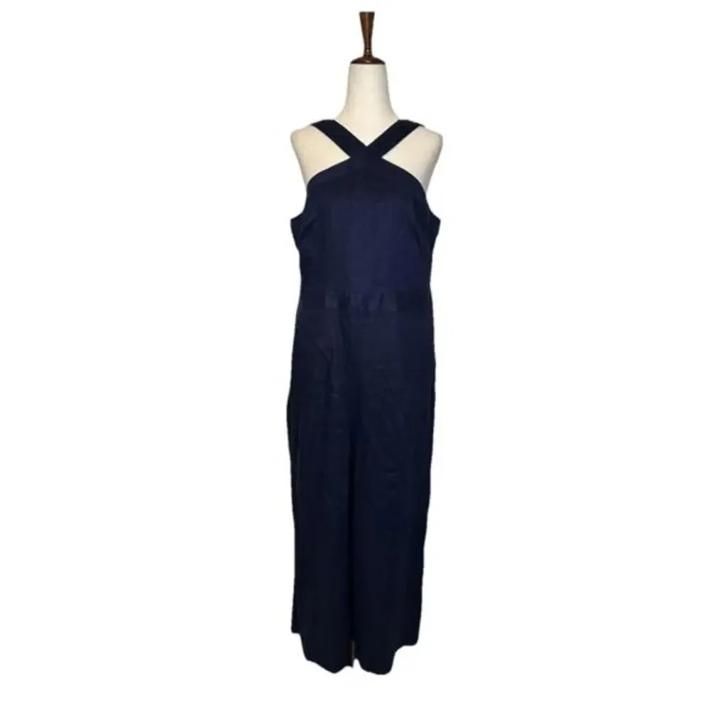 Linen Cross Over Jumpsuit 10 Petite Navy Blue Wide Leg - Picture 2 of 8
